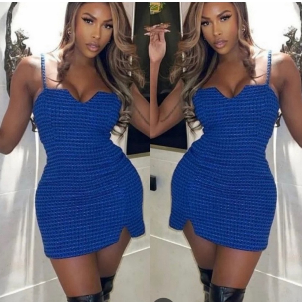 NWT ZARA TEXTURED TWEED BLUE STRAP MINI DRESS